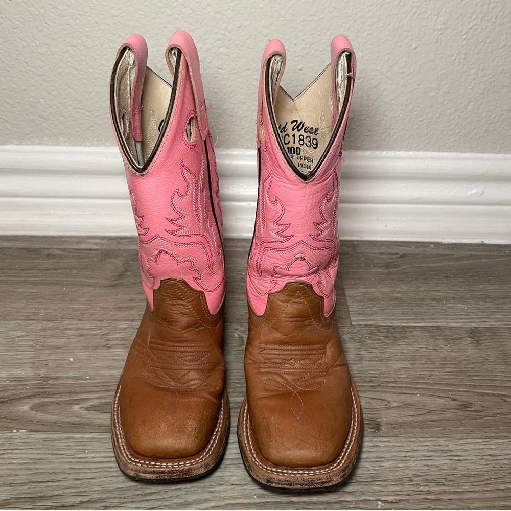 Old West Pink & Brown Leather Upper Girl’s Sz 10‎ Cowbow Boots BSC1839